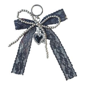 Black Lace Bow Keychain with Heart Charm